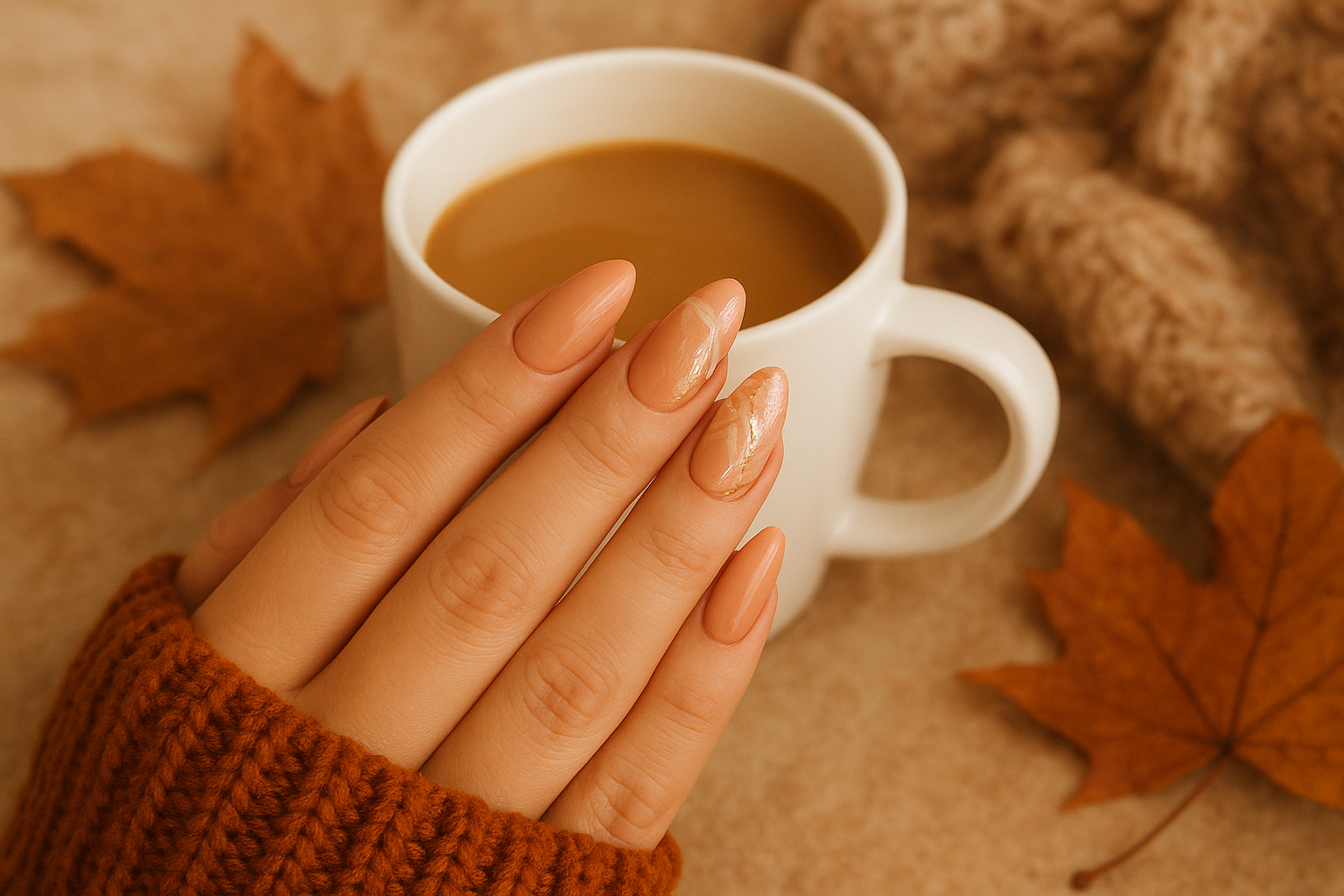 Vrouw geniet van koffie met luxe press-on nagels - ideaal voor drukke vrouwen.